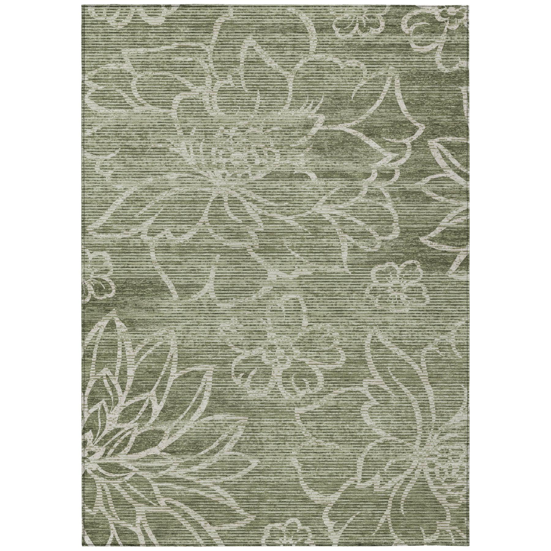 Olive green area rug with white botanical floral motifs and dense textured weave