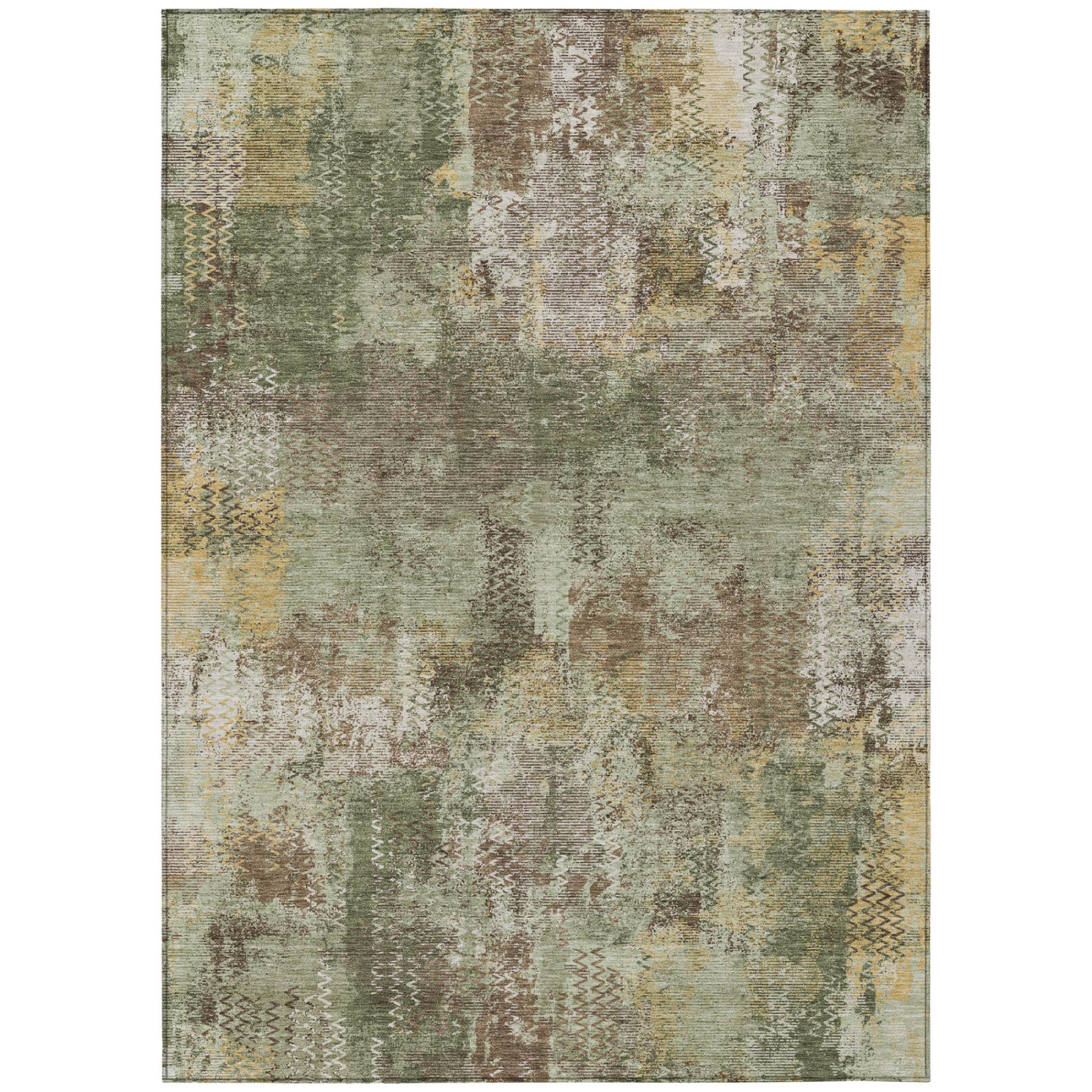Rectangular olive green abstract area rug with distressed, multicolor wash pattern.