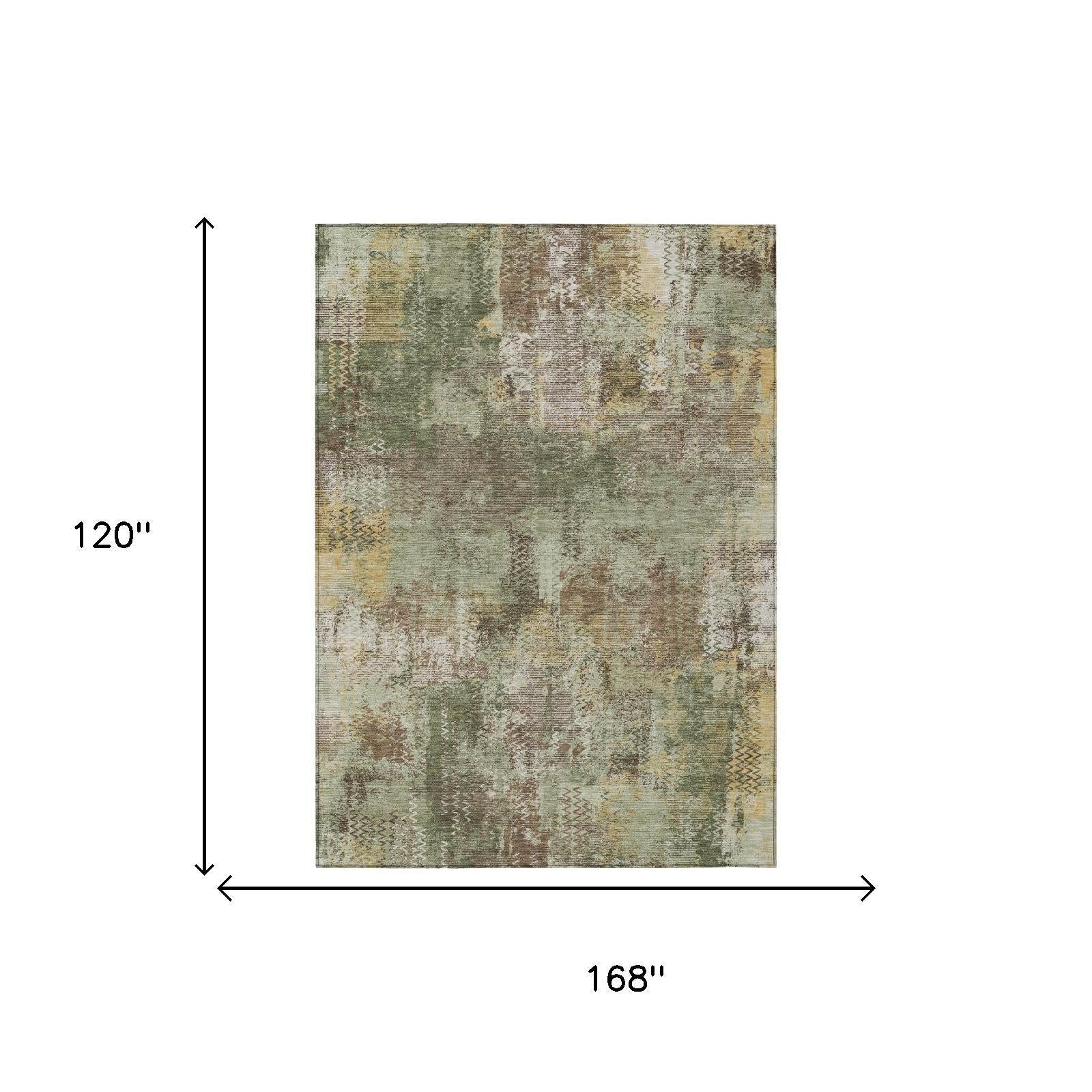 Olive green abstract distressed area rug, rectangular, washed pattern.