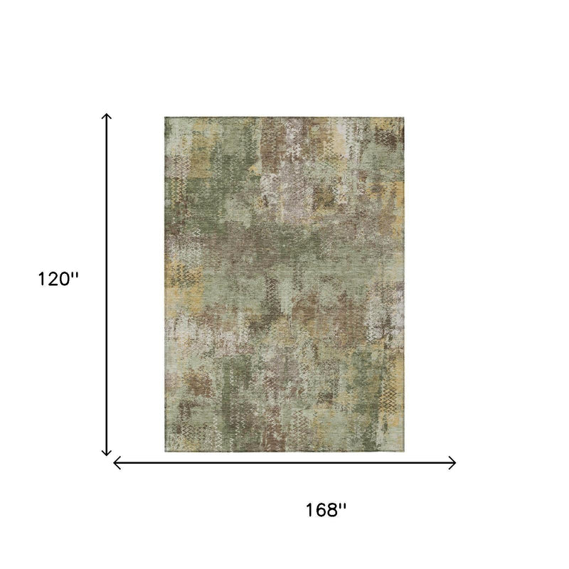 Olive green abstract distressed area rug, rectangular, washed pattern.