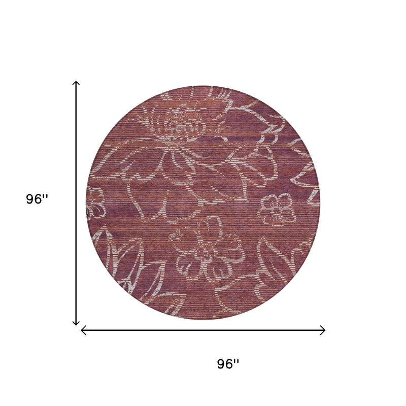 96 in round maroon rug with distressed white floral pattern, washable indoor/outdoor