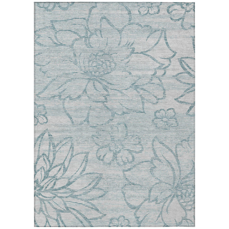 Light blue and gray floral wash indoor outdoor area rug with leafy botanical pattern