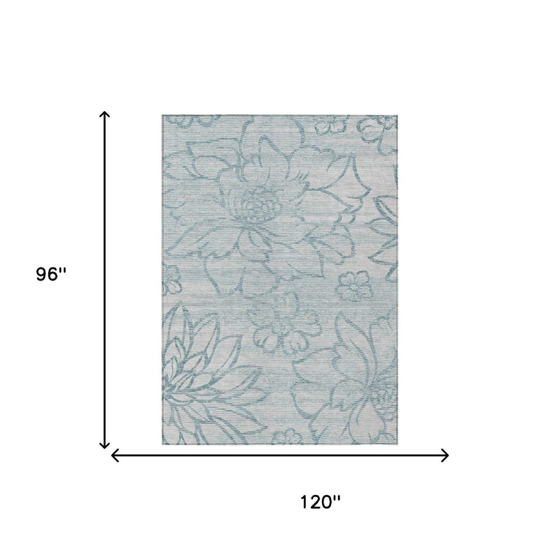 Rectangular area rug with light blue floral motif, shown at 120 x 96 in