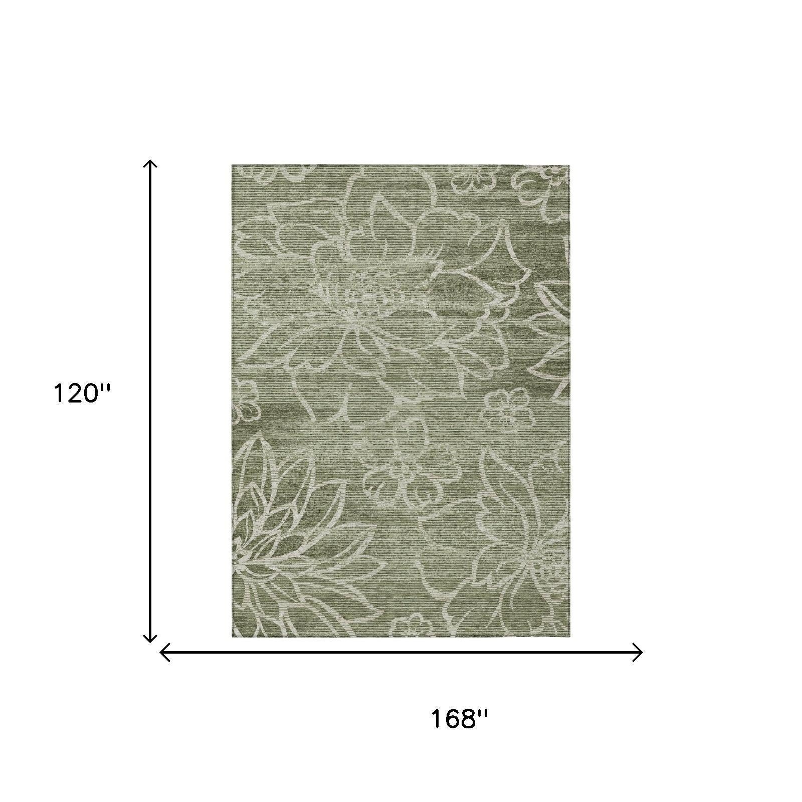 Olive green area rug with light floral pattern; shown 168 in by 120 in.