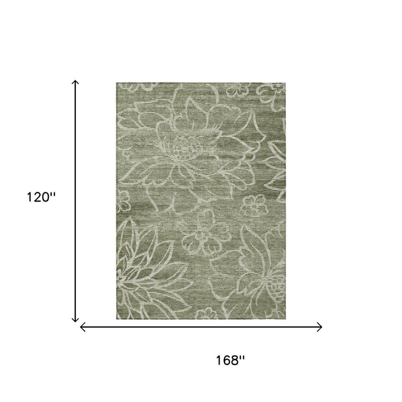 Olive green area rug with light floral pattern; shown 168 in by 120 in.