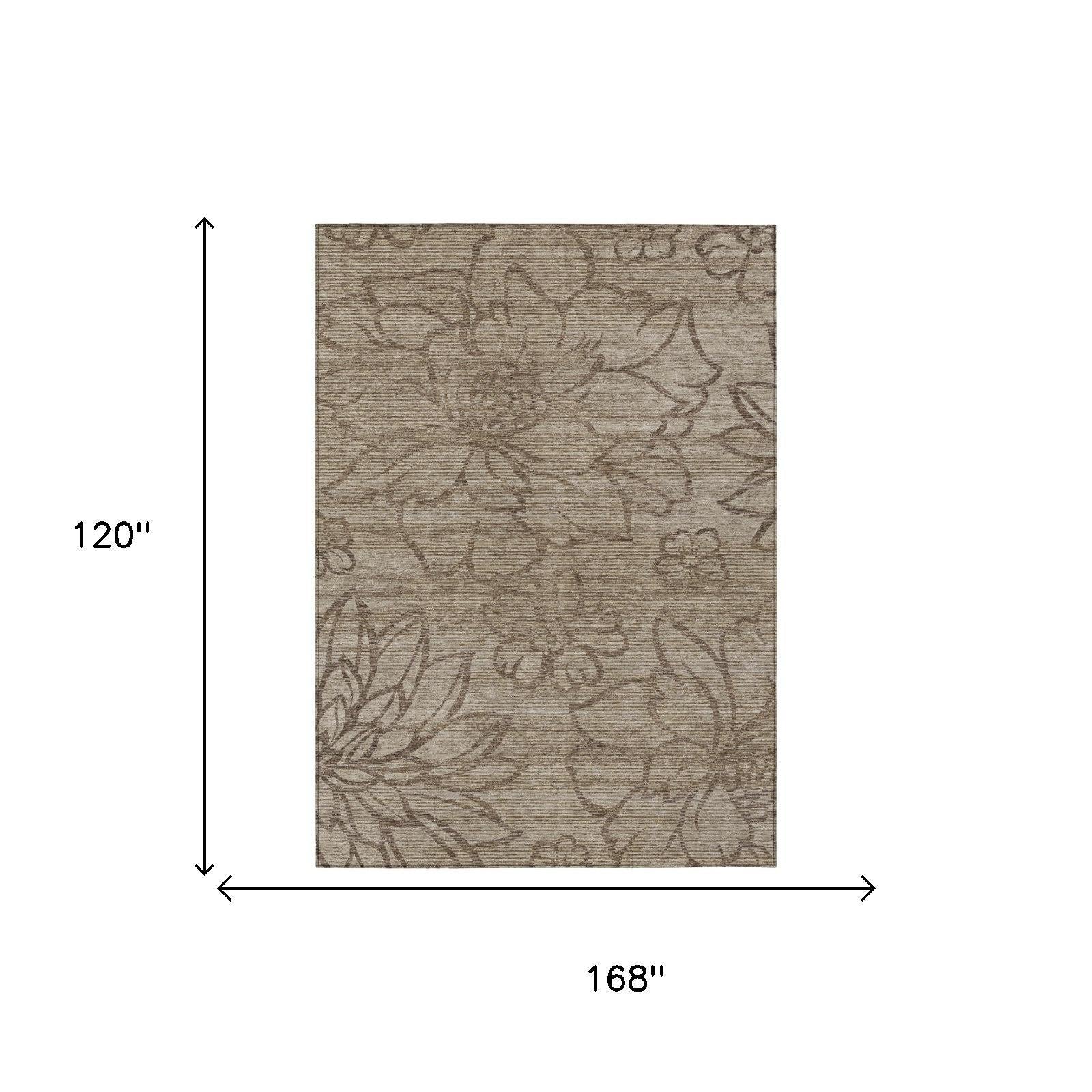 Beige rectangular rug with brown floral design, flat woven texture