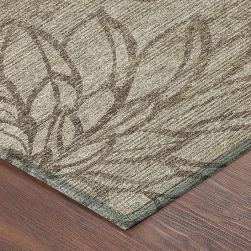 Beige area rug with brown floral motifs and textured striped weave, corner edge visible