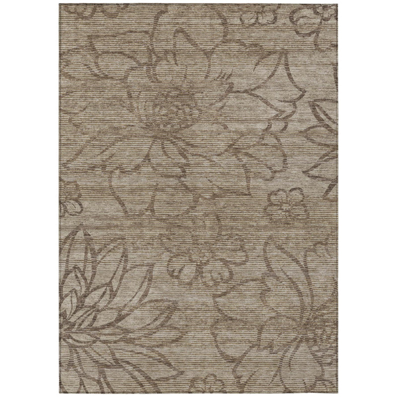 Rectangular beige indoor/outdoor rug with brown floral pattern and flat, textured pile