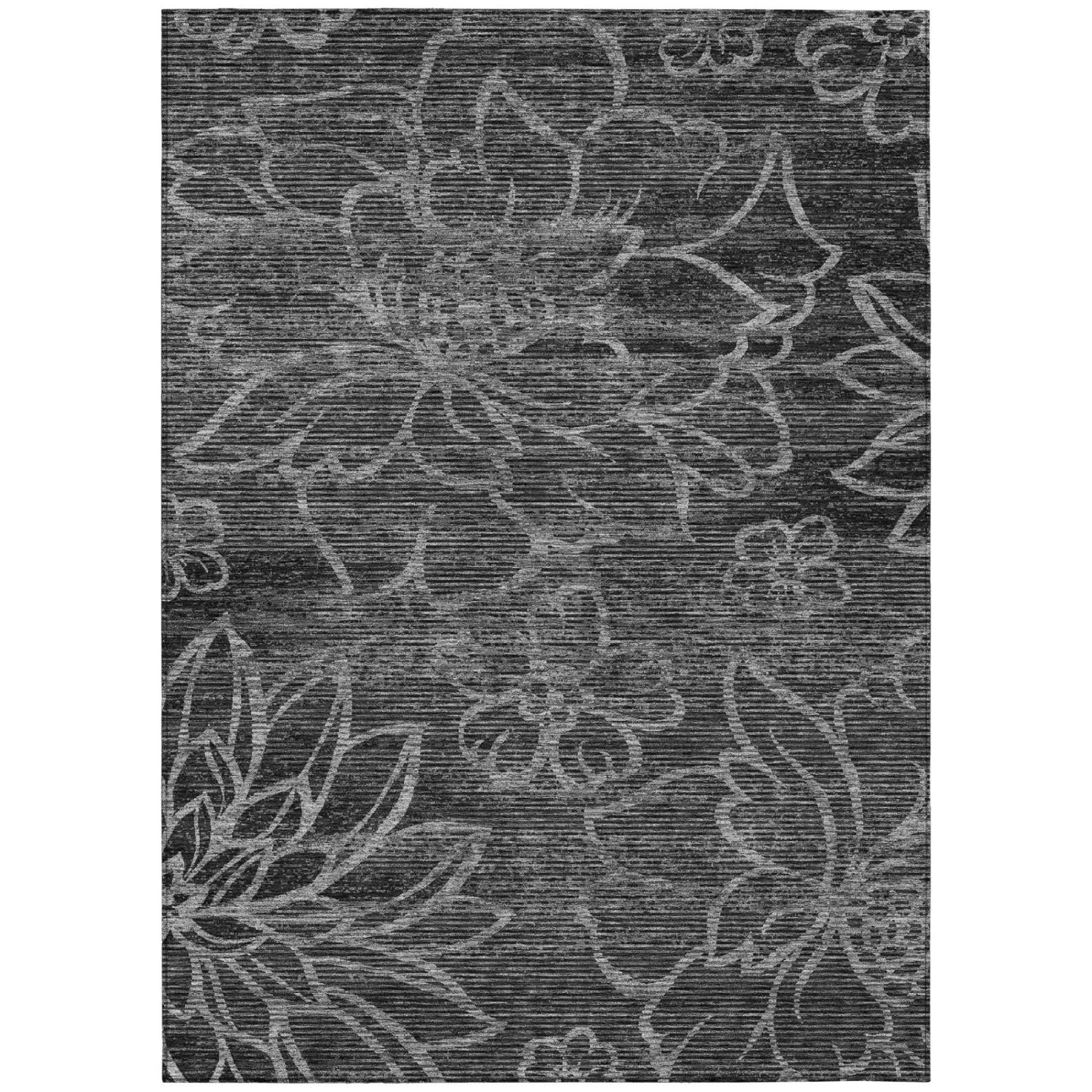Rectangular area rug with dark graphite floral wash pattern and black accents.