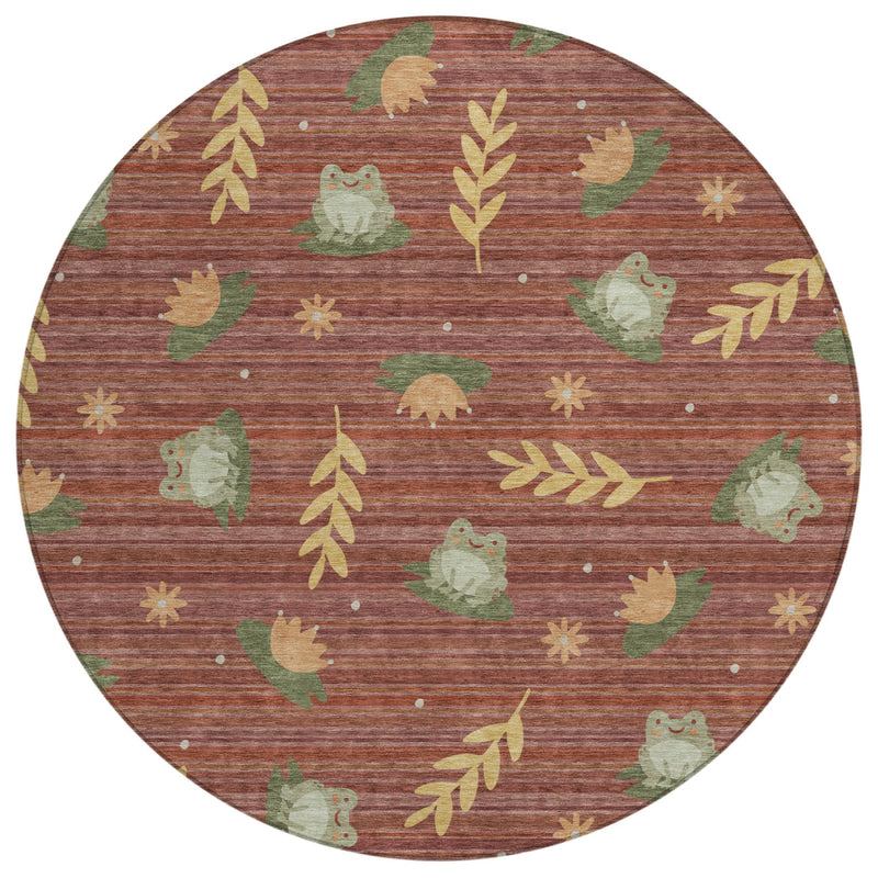 Round area rug with red base and green tan botanical leaves, mushrooms, and frog prints