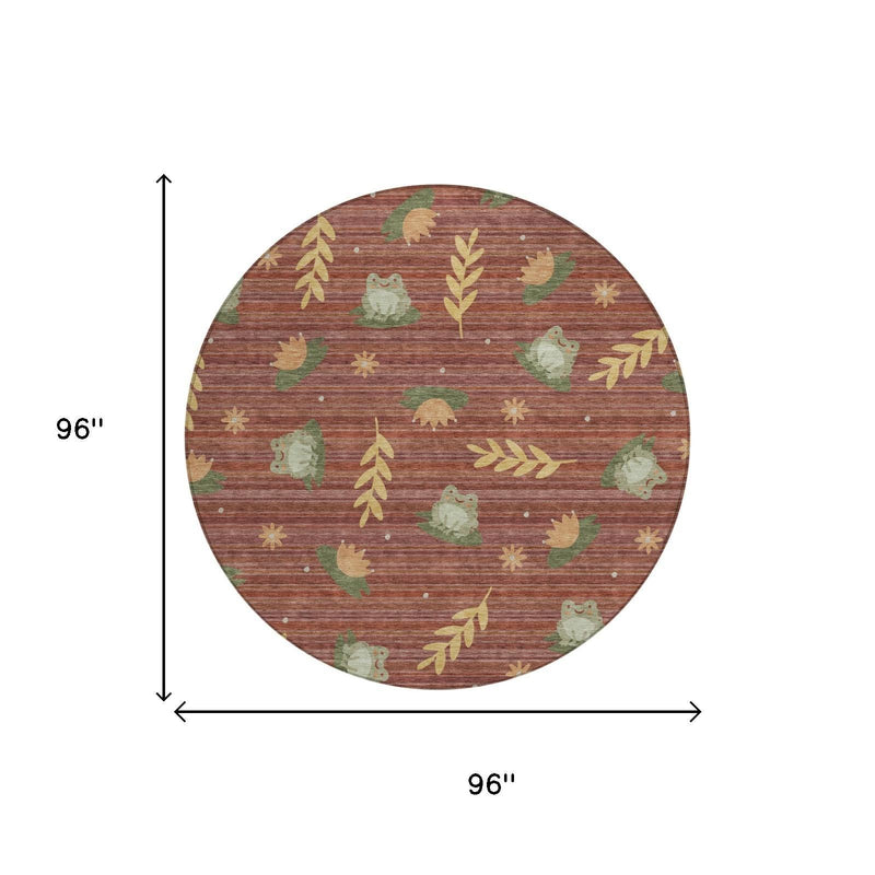 Round rug size 96 by 96 inches, red with botanical leaf and animal print