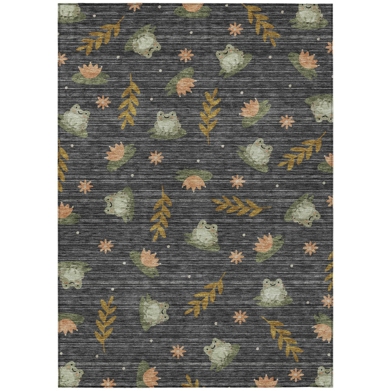 Botanical area rug with dark charcoal background and green/orange leaf and bunny motifs.