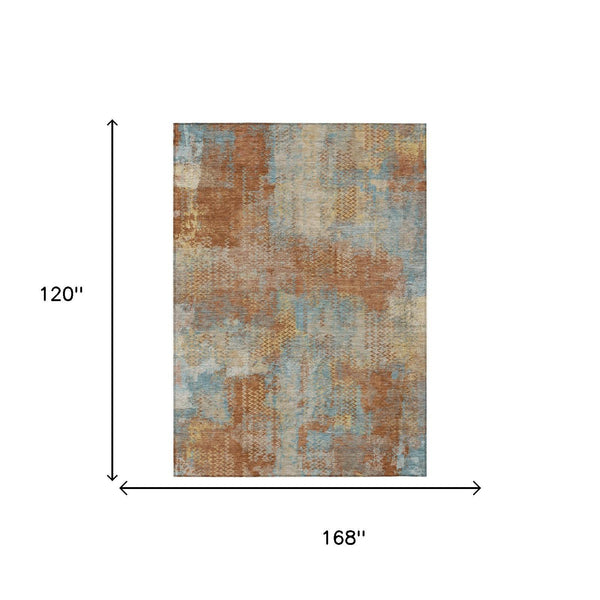 Rectangular abstract washable rug in light blue, tan, and rust with mottled pattern