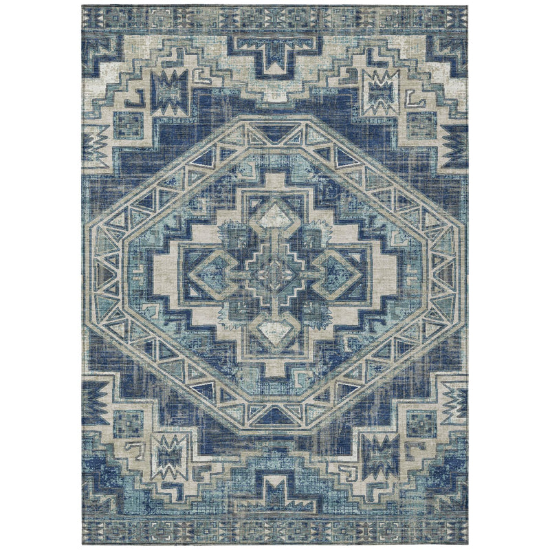 Blue and navy southwestern area rug with central diamond medallion