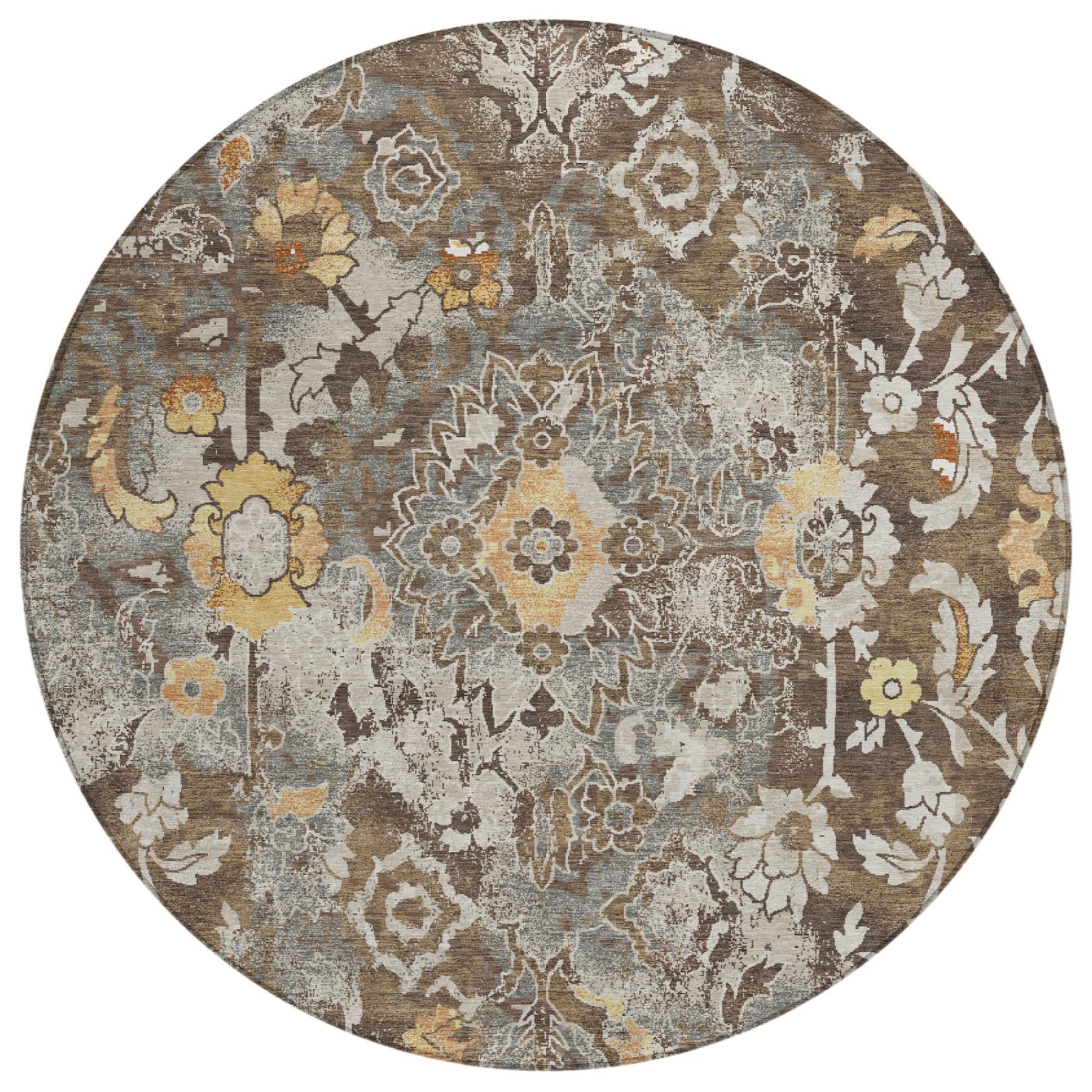Round floral area rug with muted vintage motif in brown, beige, and blue-gray
