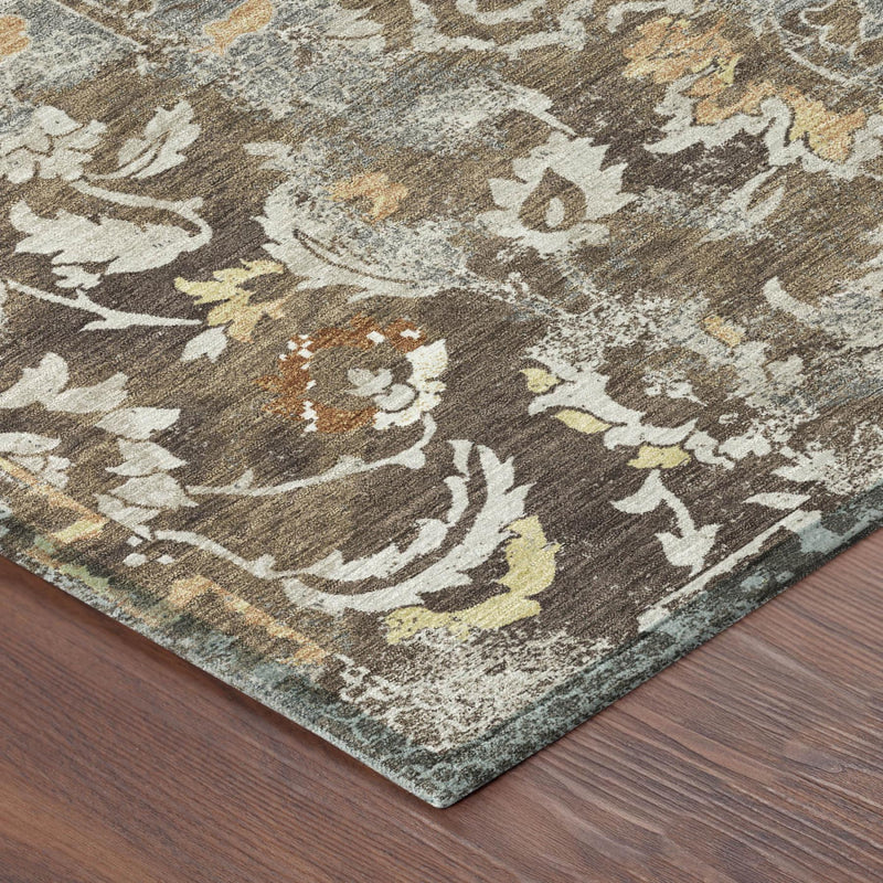 Corner detail of round rug showing textured floral pattern in brown and beige