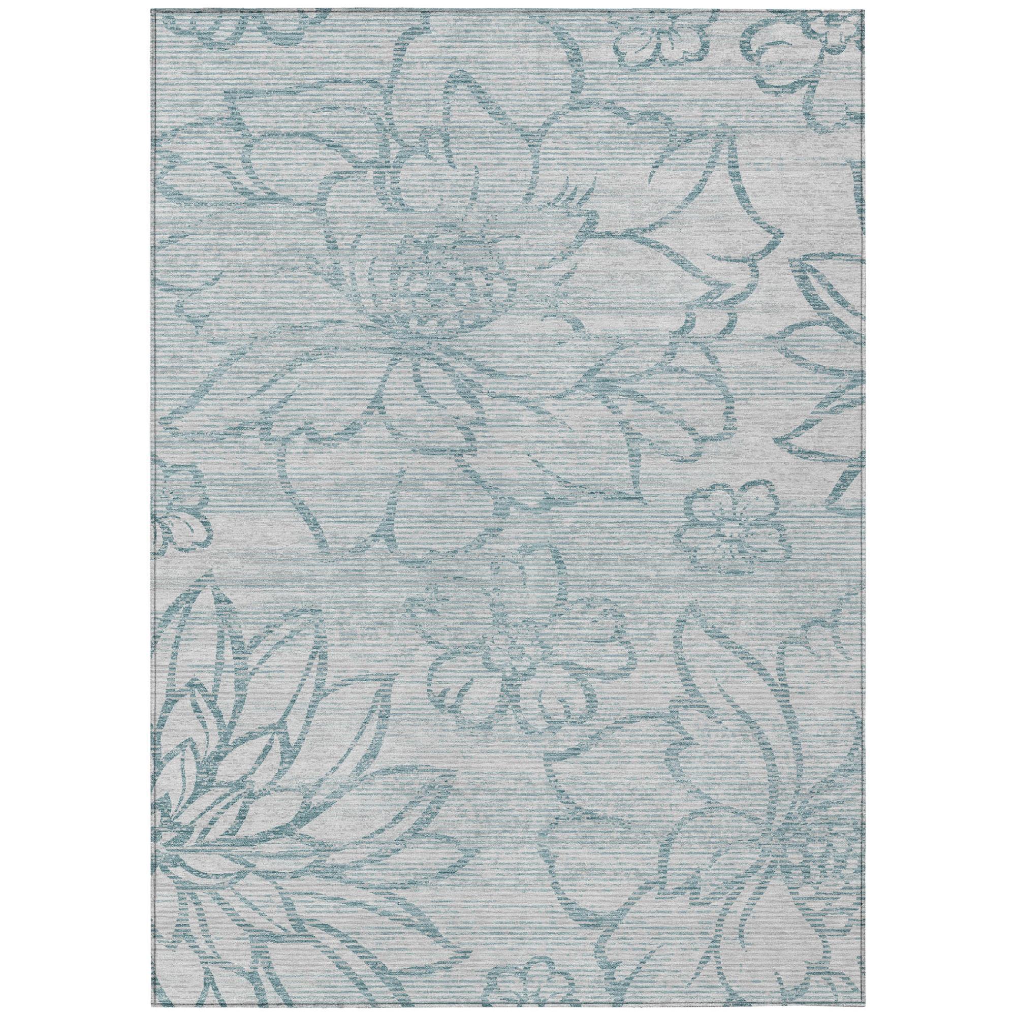 Light gray area rug with light blue floral pattern, washable indoor/outdoor