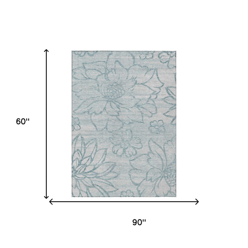 Light gray and light blue floral area rug, 60 in x 90 in size diagram