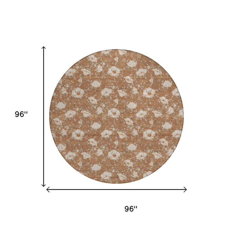 96 in round area rug with rust and cream distressed floral medallion pattern