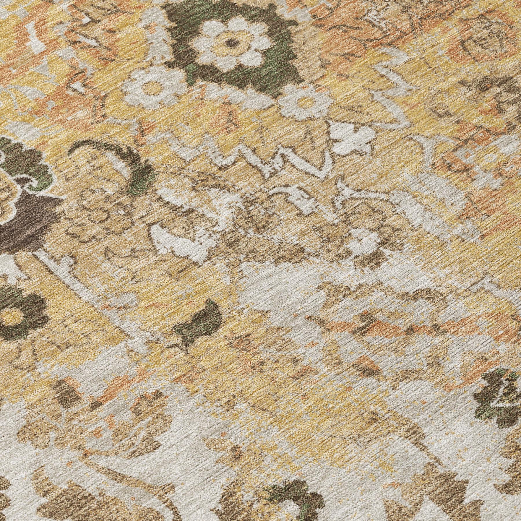 Multicolor floral pattern on beige indoor outdoor area rug, copper orange and dark green