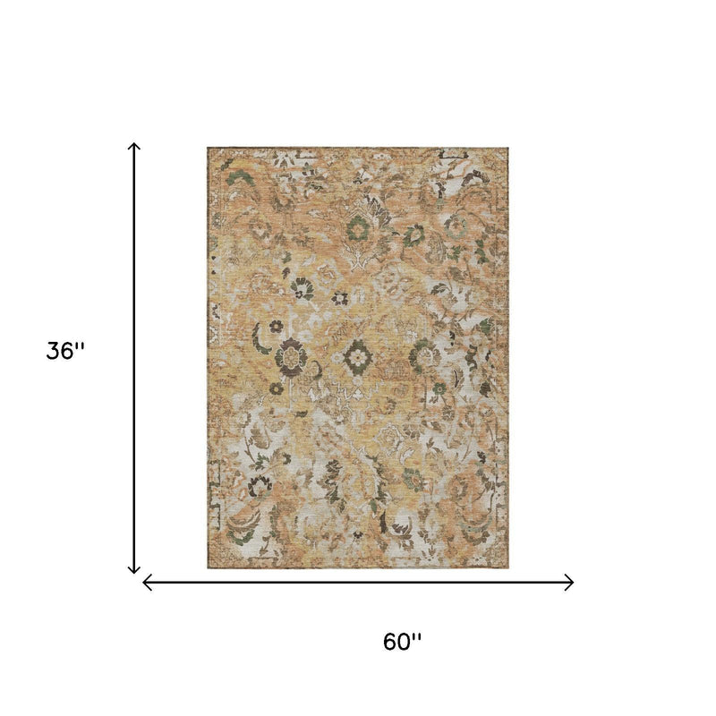 Floral vintage area rug, beige base with copper orange and dark green accents