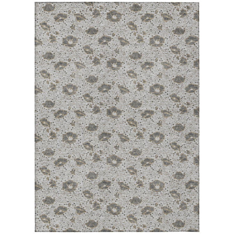 Silver and gray area rug panel with distressed floral motifs and speckled texture