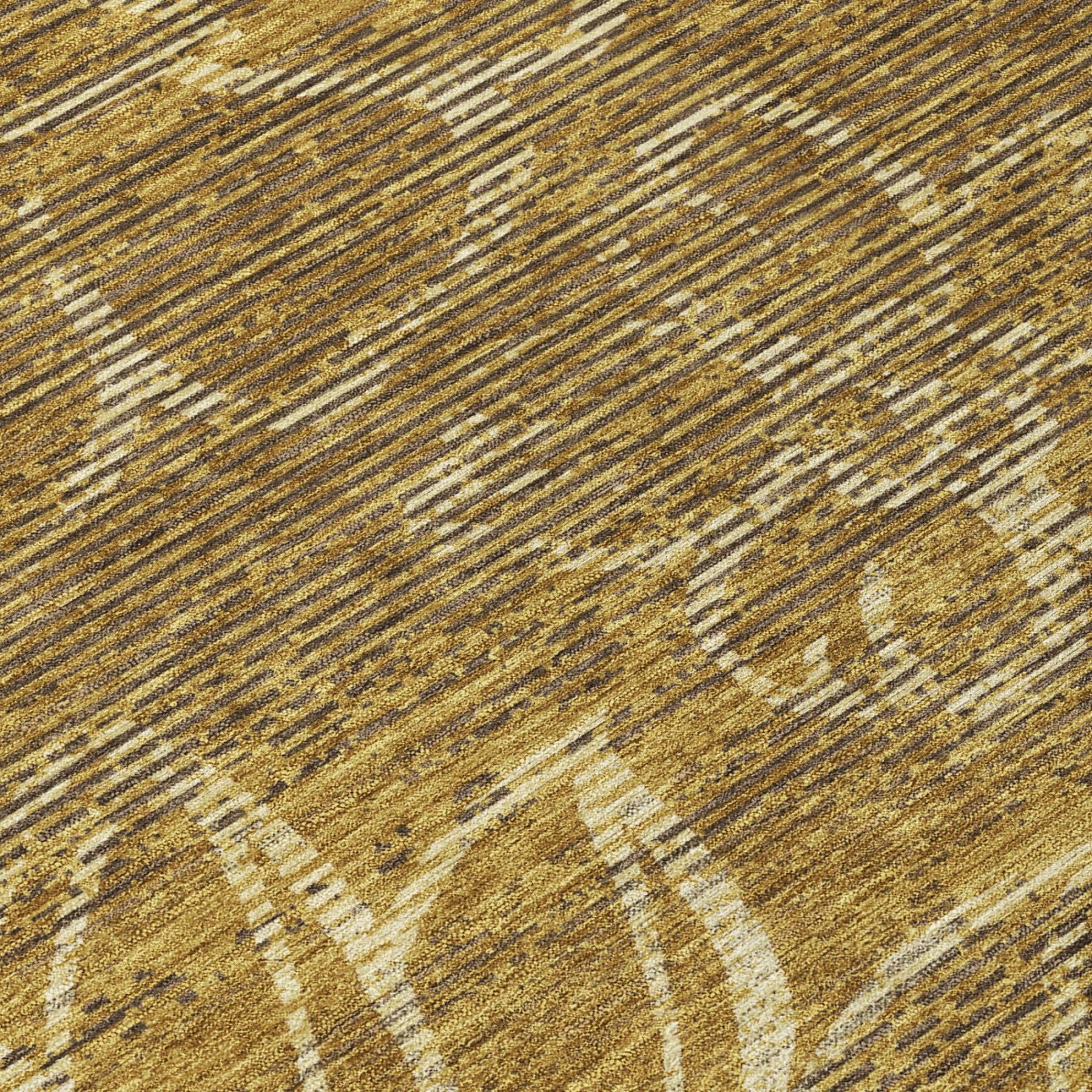 Round rug close-up: gold and walnut ground with light cream linear floral motif