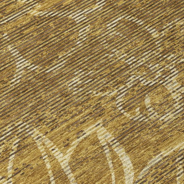 Round rug close-up: gold and walnut ground with light cream linear floral motif