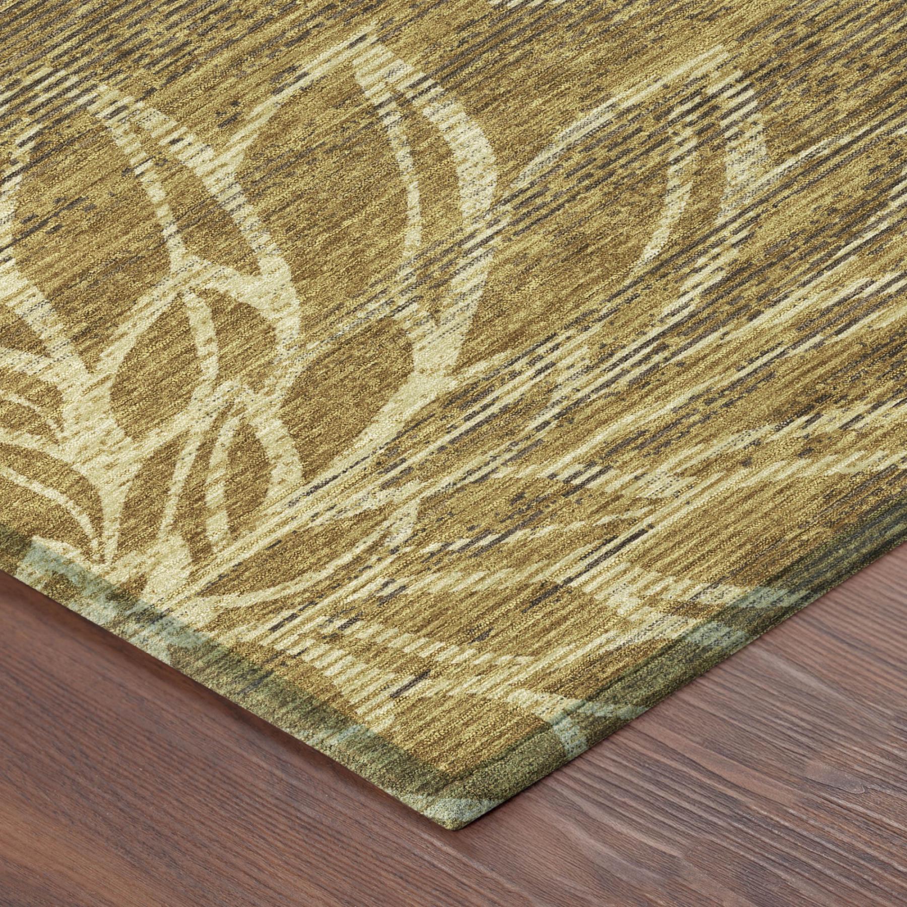 Round area rug corner showing gold-and-walnut ground with cream floral stripes