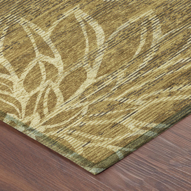 Round area rug corner showing gold-and-walnut ground with cream floral stripes