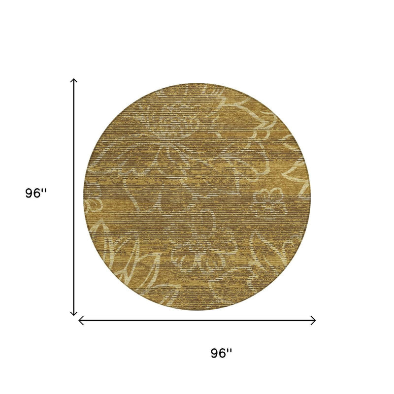 Round area rug, gold and walnut with cream floral pattern, circular 96 in diameter