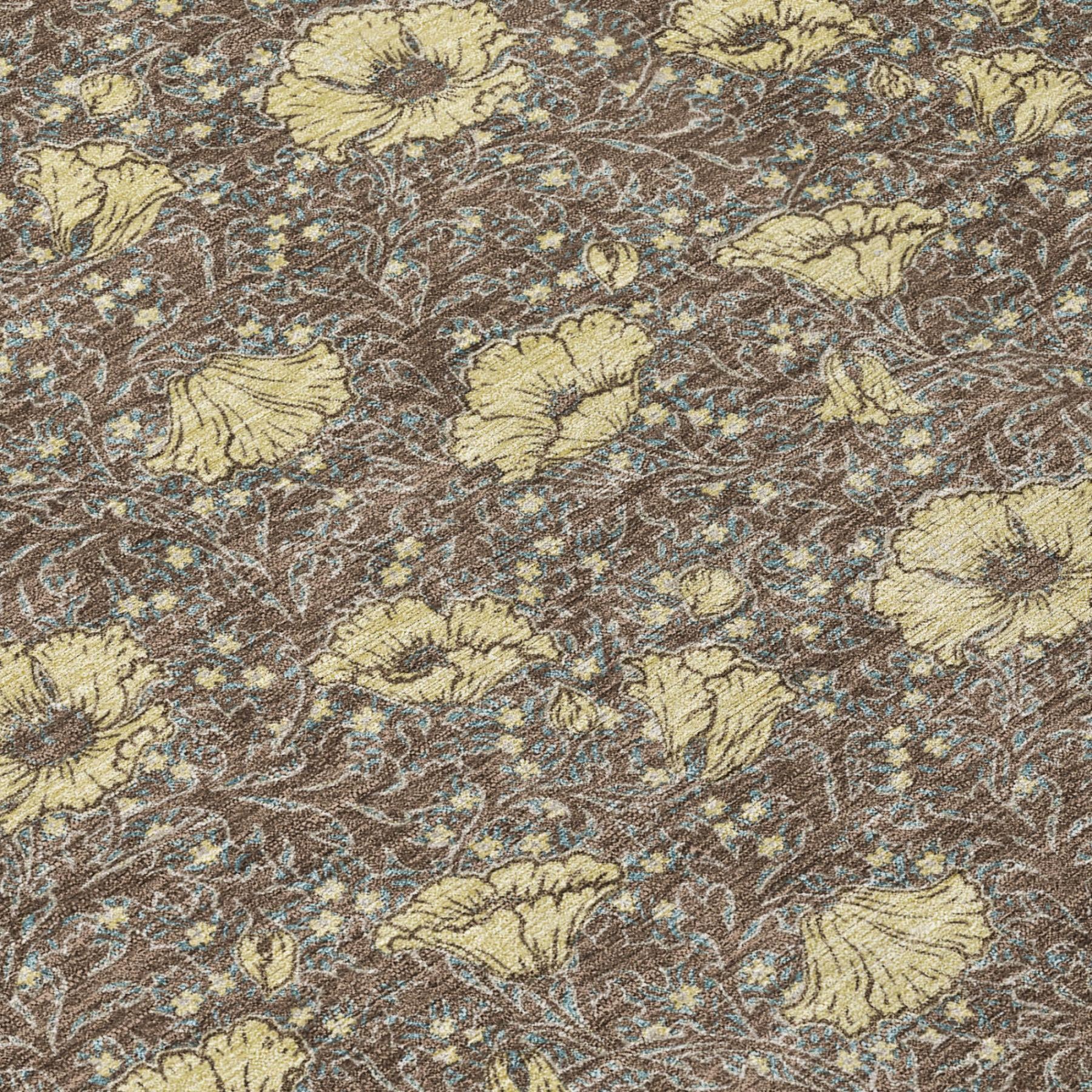 Floral patterned surface of round area rug in brown, coffee, and blue