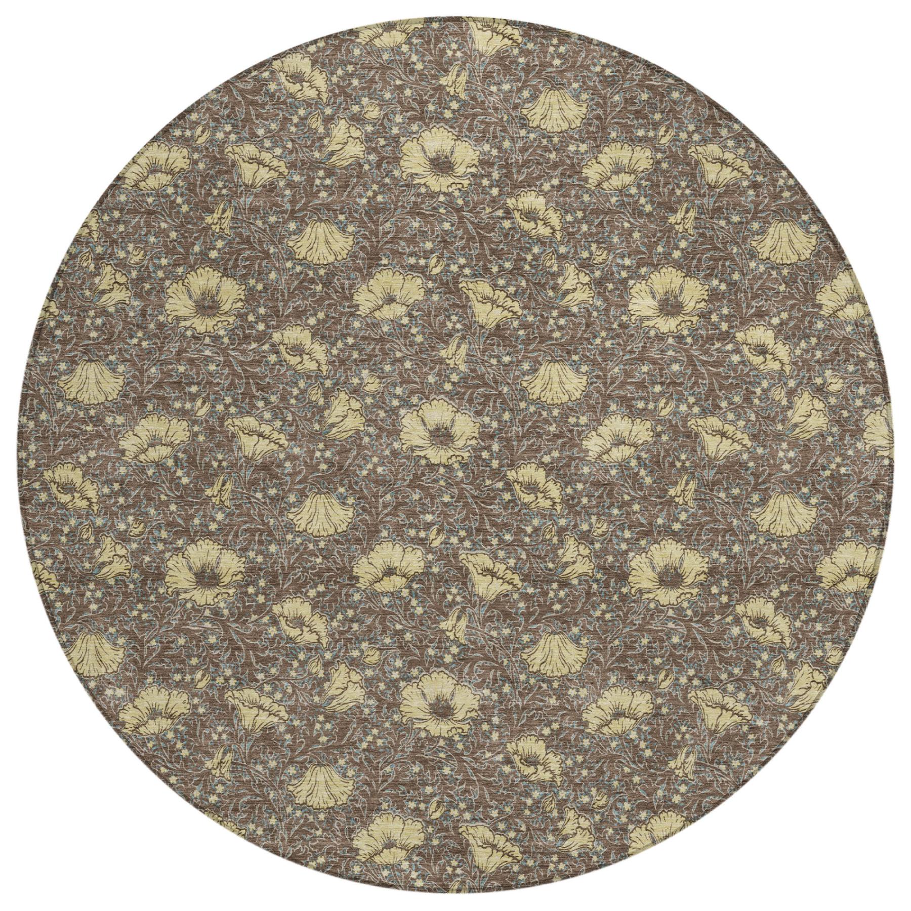 Round area rug with repeating coffee and brown floral motif