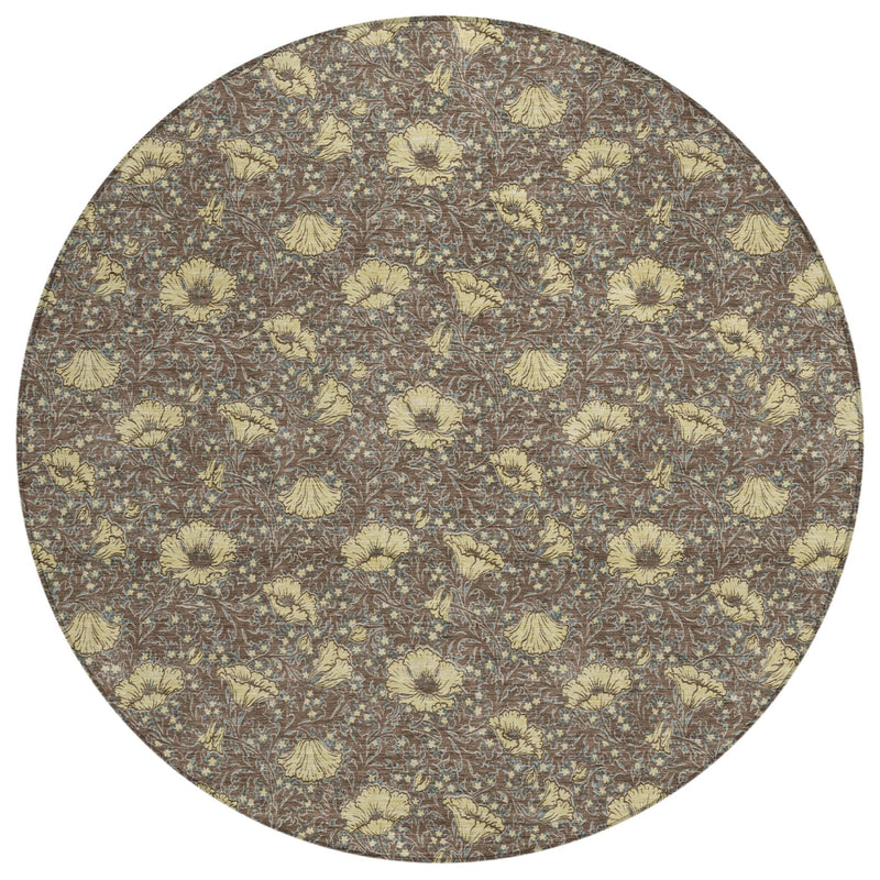 Round area rug with repeating coffee and brown floral motif