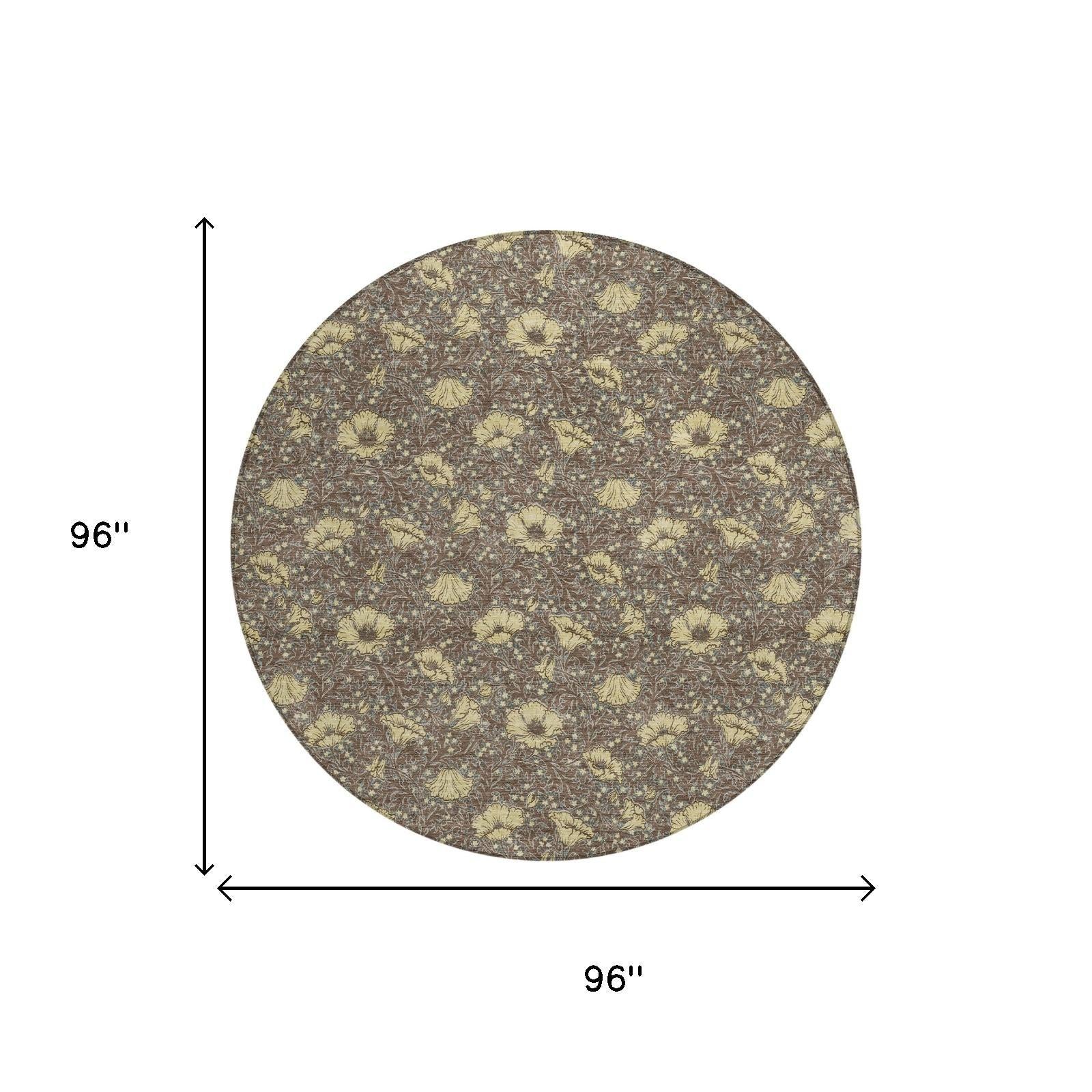 Round floral area rug, brown and coffee tones, 96 in diameter