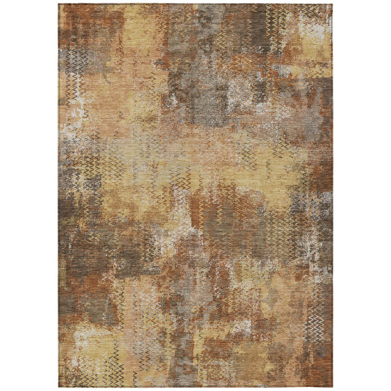 Copper and orange abstract area rug with mottled beige, taupe and zigzag weave