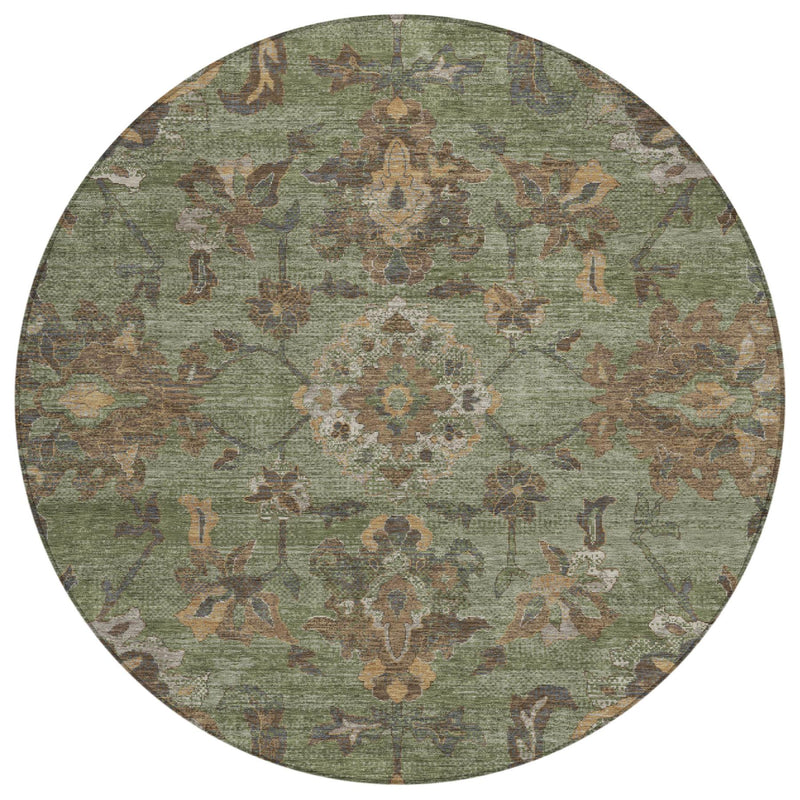 Round area rug with olive green base and ornate multicolor floral medallion design