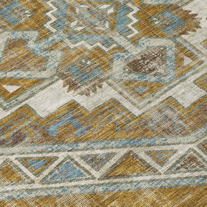 Geometric southwestern pattern area rug, ivory, teal-blue, and gold threads