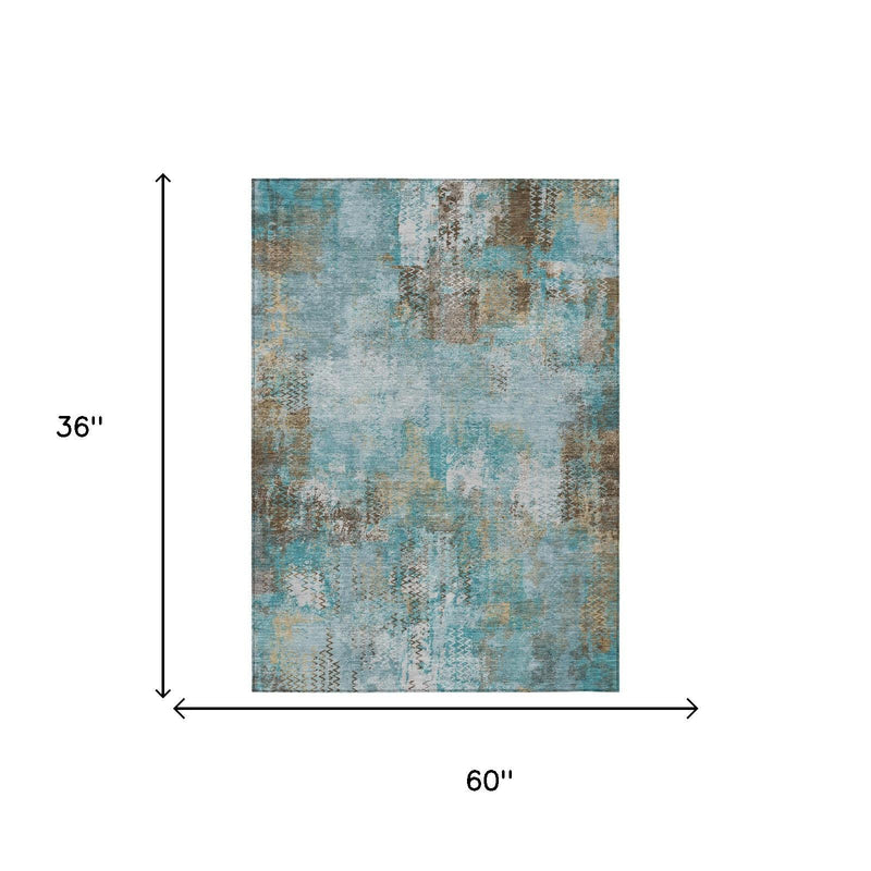 Teal blue and pewter abstract area rug, rectangular 60 in x 36 in