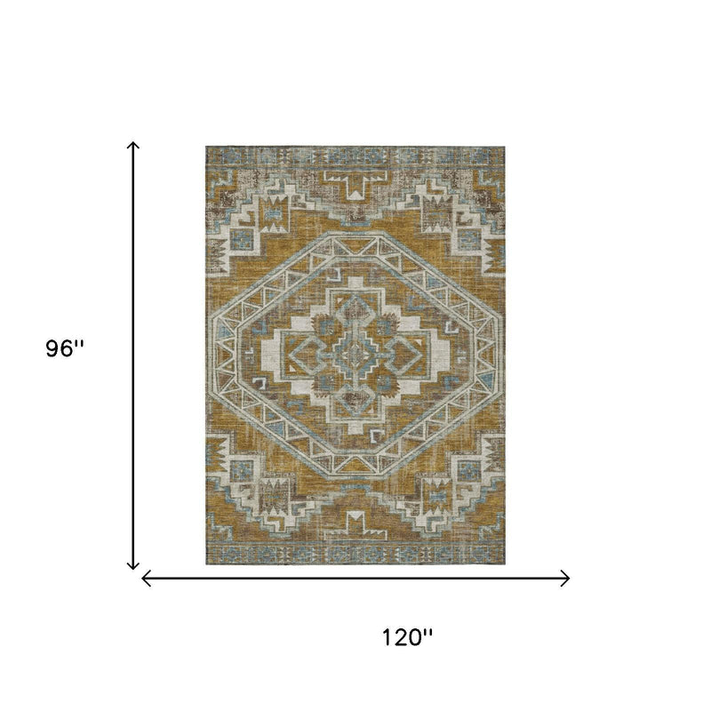 Southwestern area rug, 120 in by 96 in, gold and blue medallion on ivory