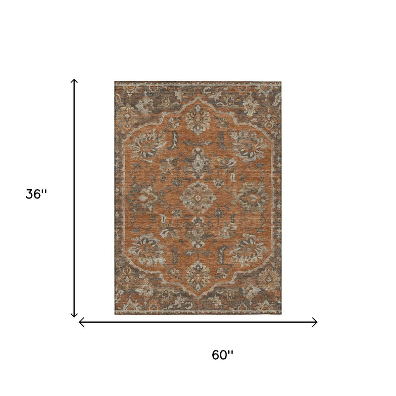 36 x 60 in orange and brown floral medallion area rug with teal and beige accents