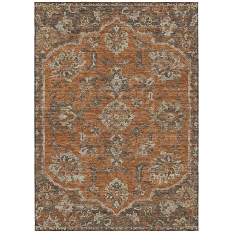 Rectangular orange and brown floral medallion indoor outdoor area rug with teal accents