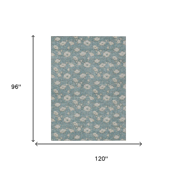 8x10 teal blue area rug with pewter floral medallion pattern, flat weave