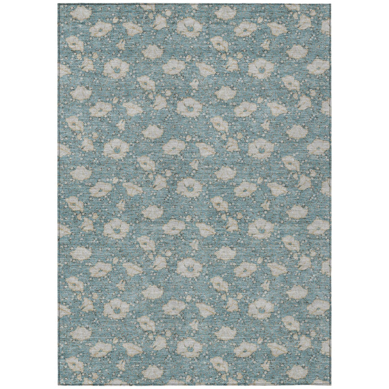 Rectangular teal blue floral area rug with pewter medallion pattern, flat weave