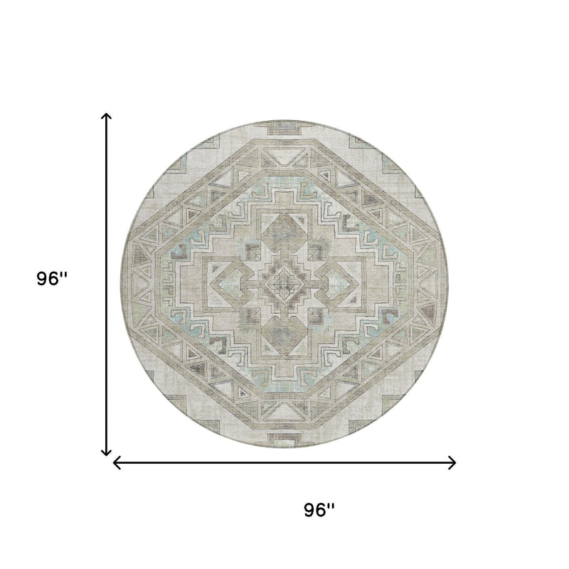 Round 96 in area rug in ivory and pewter with Southwestern geometric pattern