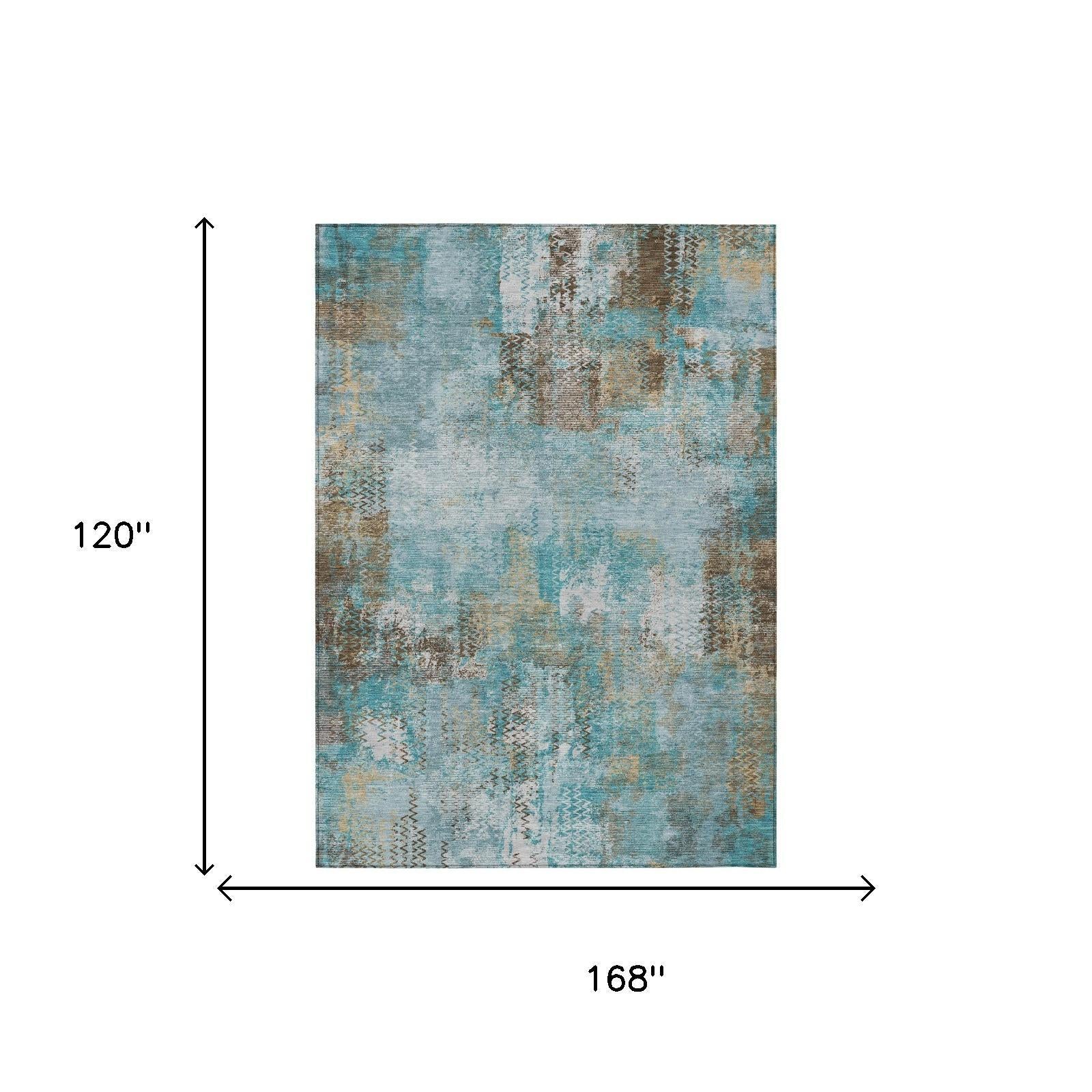 Teal blue and pewter abstract area rug, rectangular 168 x 120 inches