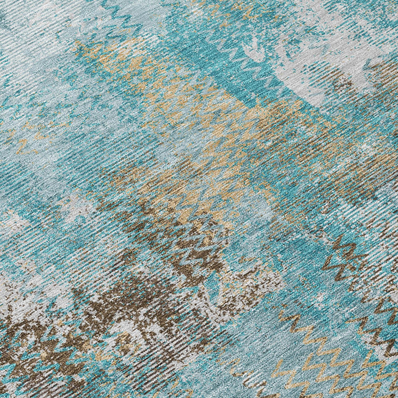 Teal blue and pewter abstract area rug with textured wash and zigzag lines
