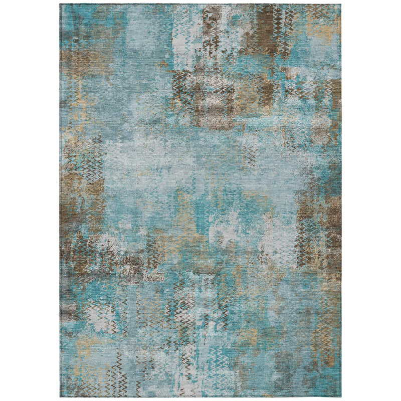 Teal blue and pewter abstract area rug with distressed block pattern, rectangular