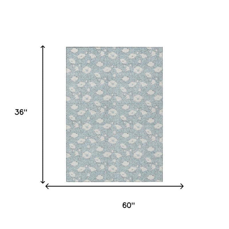 Rectangular sky blue area rug shown with floral pattern and size markings
