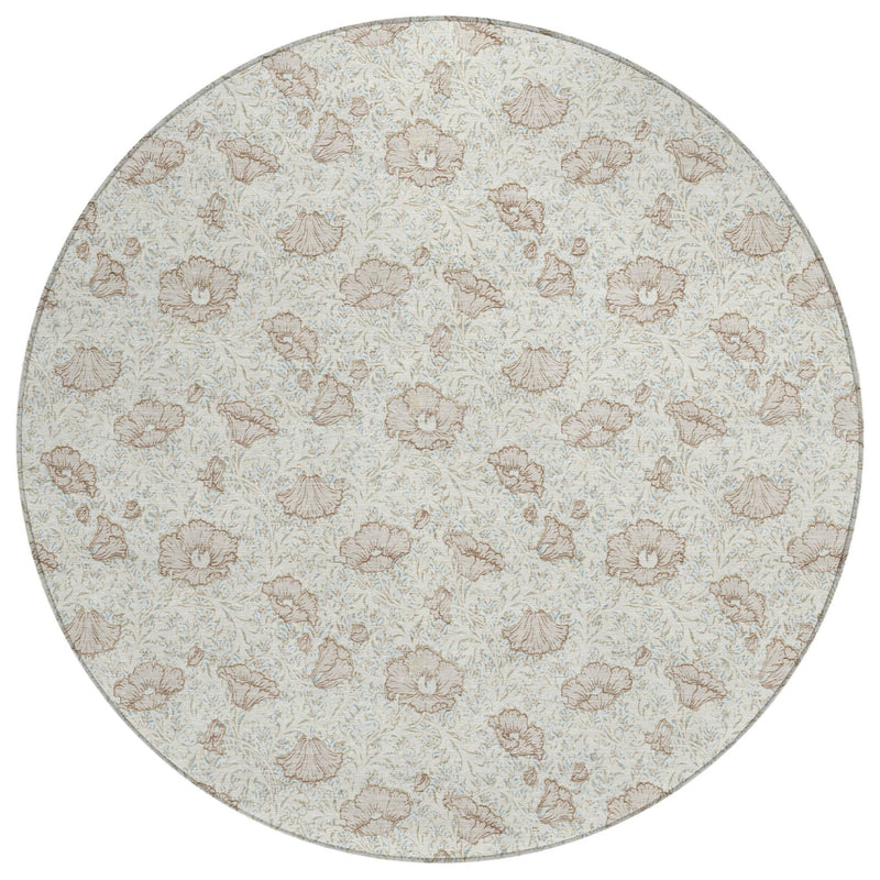Round ivory/pearl area rug with detailed floral motif pattern and light edging.